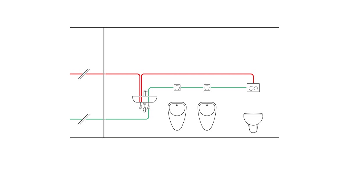 Exemple de canalisation d’une unité de rinçage hygiénique à durée contrôlée
