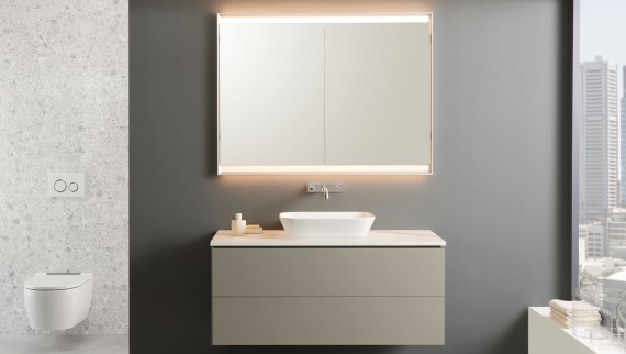 Vasque à poser Geberit ONE avec meuble bas en beige Vasque à poser Geberit ONE avec meuble bas en beige